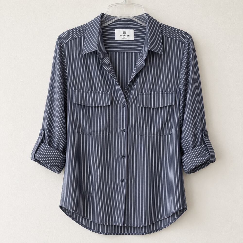 Babaton Aritzia striped button-down shirt blue white pinstripe pattern. Size XL - Picture 3 of 12